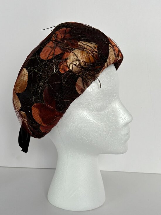 Vintage Hat 1950s Nest Style Netting Leaves Feathers Bow Fascinator Fall Colors main image 8